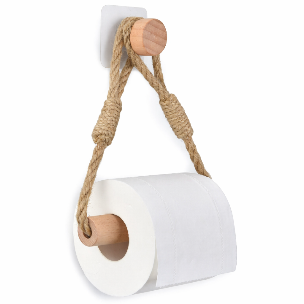 Set of 2 No-Drill Toilet Paper Holders, Vintage Rope and Wood Towel Rack
