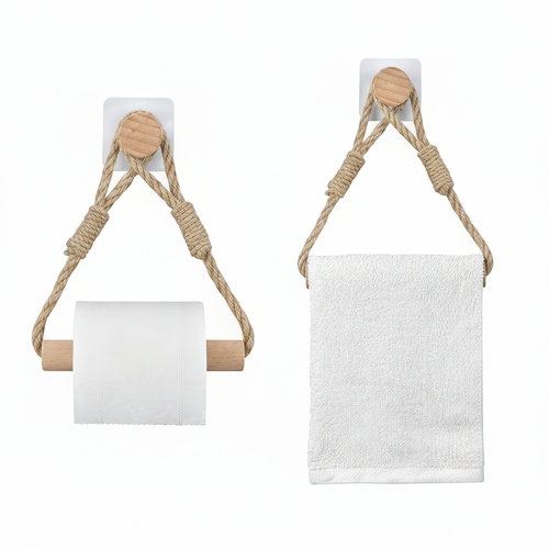 Set of 2 No-Drill Toilet Paper Holders, Vintage Rope and Wood Towel Rack